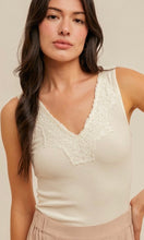 Fia Ivory Lace Trim Ribbed Knit V Neck Tank Top