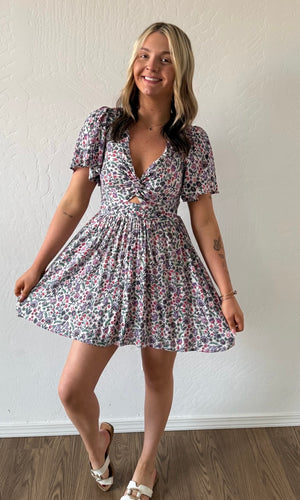 Olsen Floral Front Cut Out Mini Dress