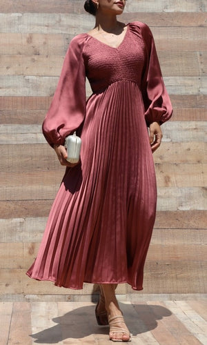 Julian Mauve Smocked Top Satin Midi Dresses