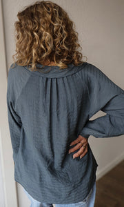 Maurice Slate V-neck Ruffle Long Sleeve Blouse