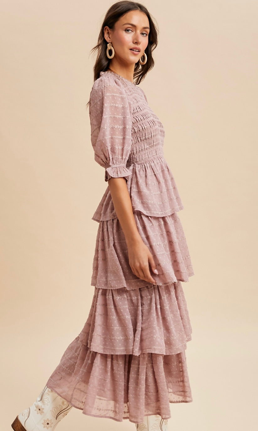 Rory Smocked Swiss Dot Tiered Maxi Dress