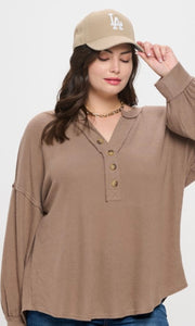 Plus V-Neck Half Button Long Sleeve Knit Top