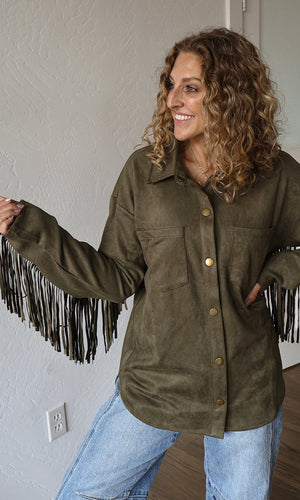 Moon Olive Fringe Detailed Suede Shirt