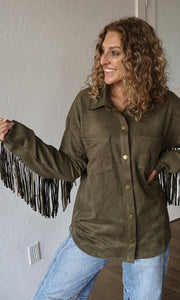 Moon Olive Fringe Detailed Suede Shirt