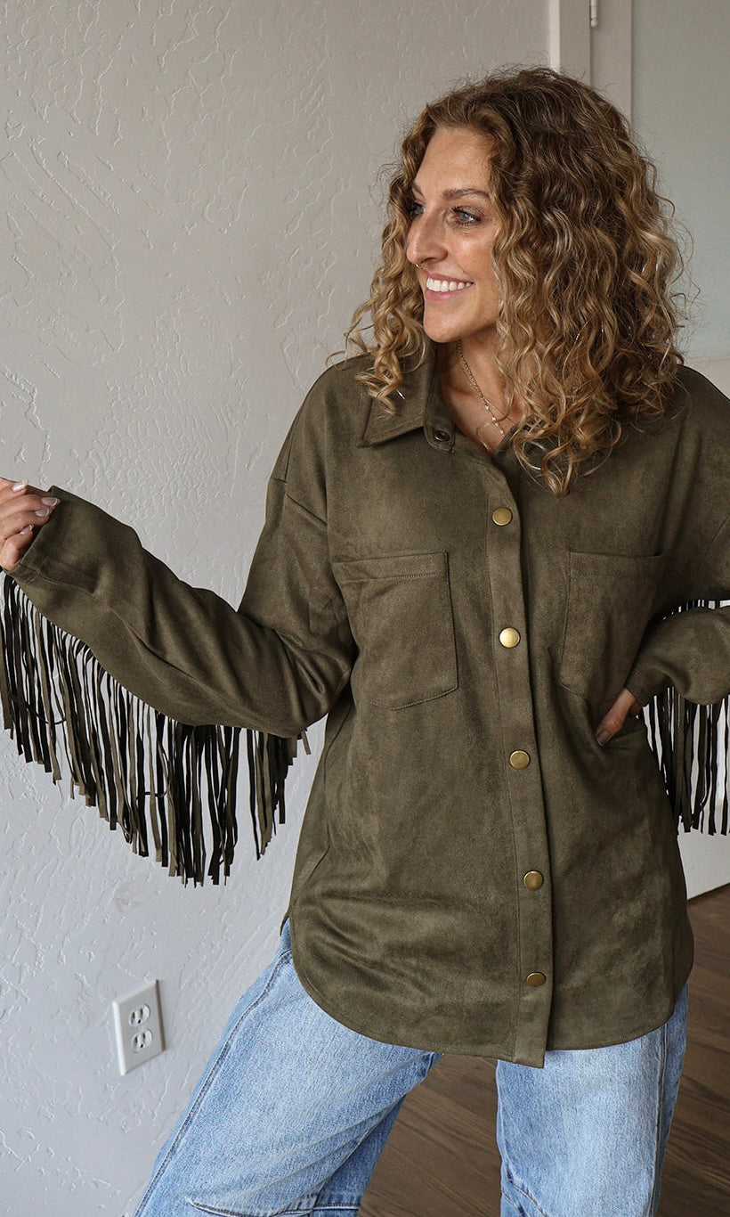 Moon Olive Fringe Detailed Suede Shirt