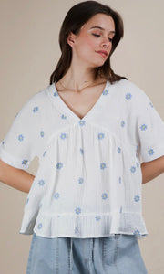 Madison White Flower Embroidered Woven Blouse Top