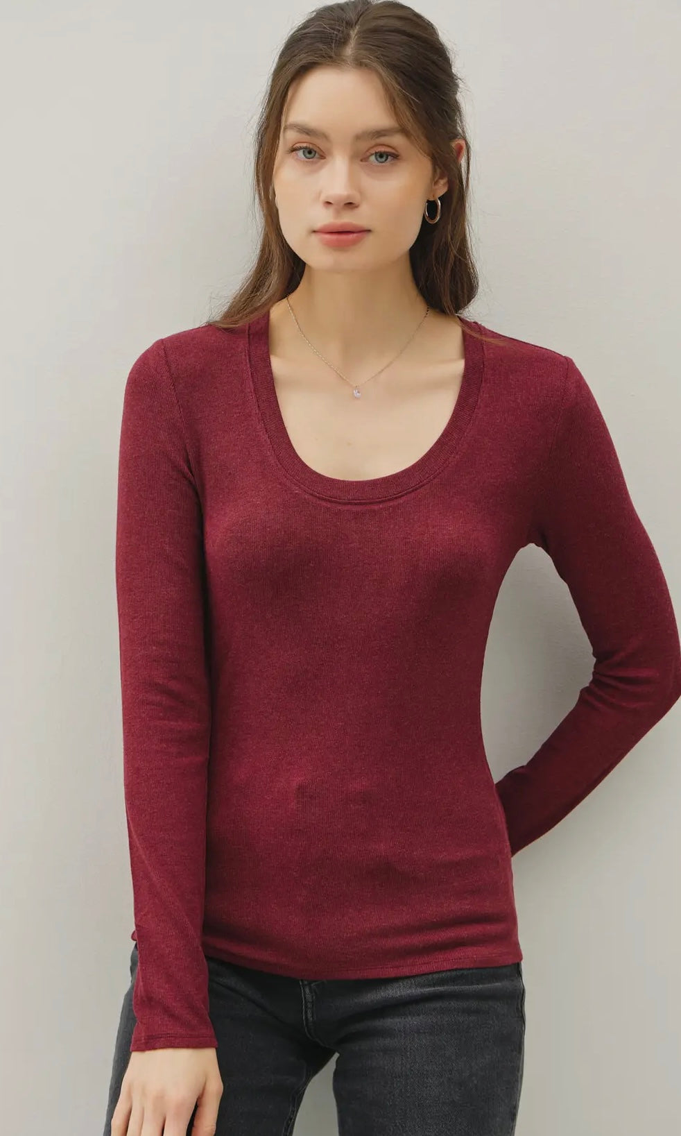 Isaac Burgundy Modal Classic Ribbed U Neck Long Sleeve Basic Top