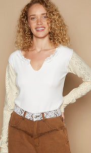 Dalaja Ivory Lace Detail V Neck Eyelet Long Sleeve Top