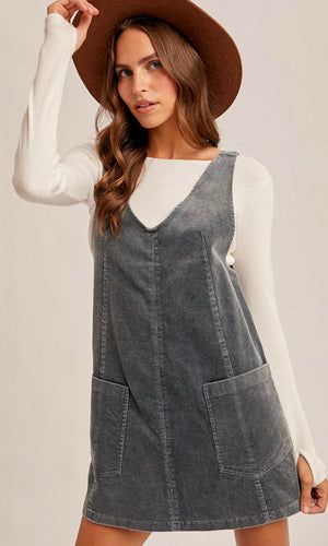 Naomi Washed Teal Snow Wash Corduroy Pinafore Dress