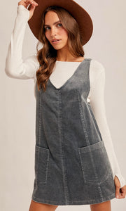 Naomi Washed Teal Snow Wash Corduroy Pinafore Dress