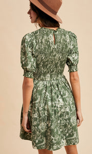 Lisha Olive Smocked Cotton Floral Mini Dress