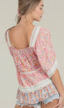 Arella Pink Floral Lace Trim Twin Print Short Sleeve Blouse