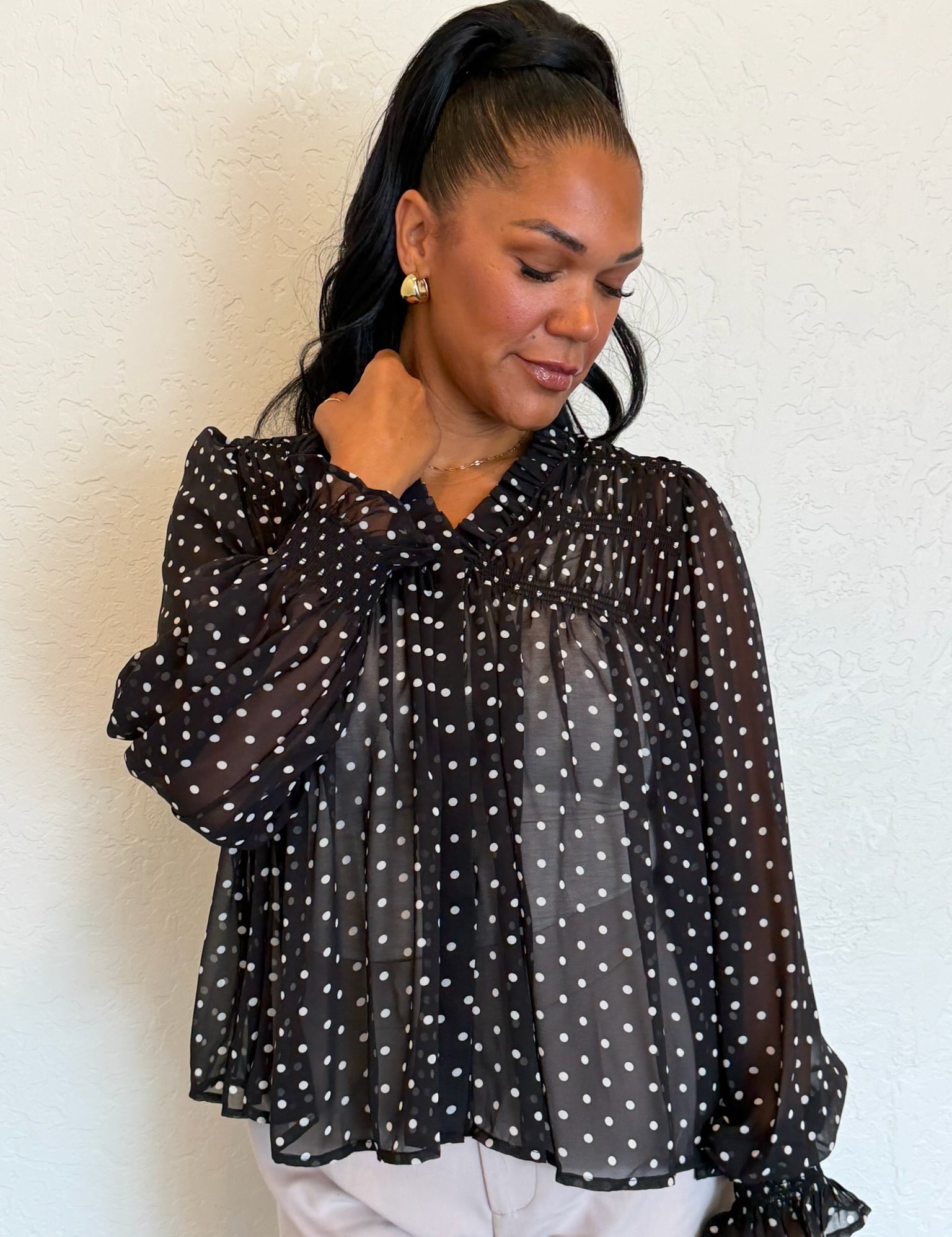 Knox Smocked Yoke Dot Printed Blouse