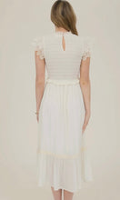 Louise Ivory Smocked Eyelet Trim Ruffle Detail Midi Dress