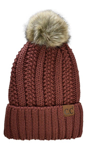 CC Beanie Thick Ribbed Knit Faux-Fur Pom Pom Lined Beanie