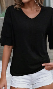 Gemma Black Solid Color V-Neck Double Layer Sleeve Loose T-Shirt