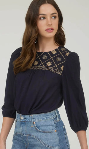 Lylah Navy Floral Embroidered Yoke 3/4 Sleeve Blouse
