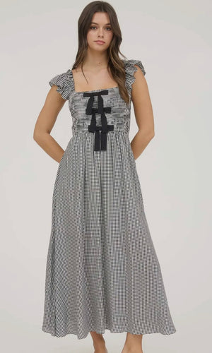 Leland Plaid Smocked Front Bow Detail Midi Dress