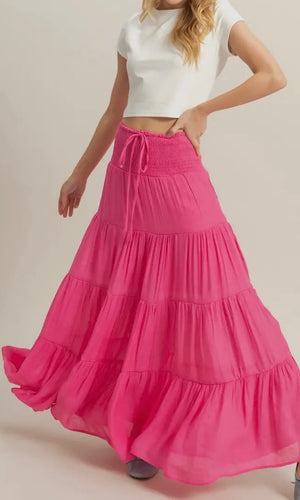 Diego Hot Pink Smocked Waist Tiered Maxi Skirt