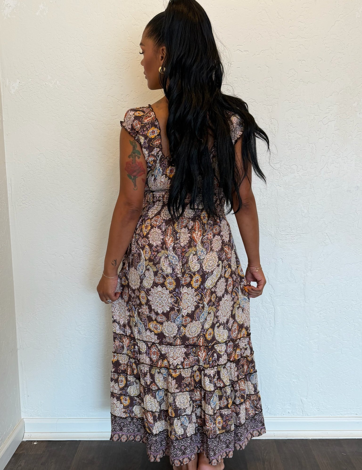 Ramona Chocolate Tiered Deep V-Neck Flutter Sleeve Maxi Dress