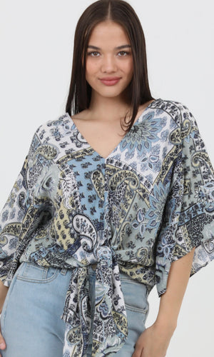 Celsa White Blue Wide Kimono Sleeve Tie Waist V Neck Blouse