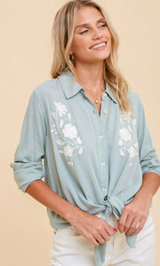 Absa Mint Floral Embroidery Tie-Front Blouse Shirt