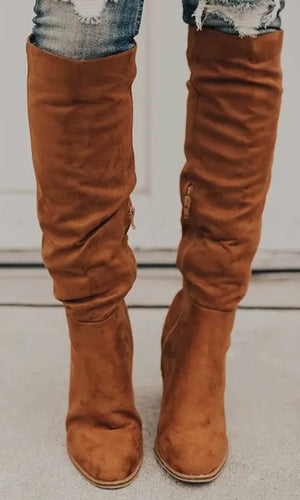 Rowan Brown Suede Chunky Heel Knight Boots