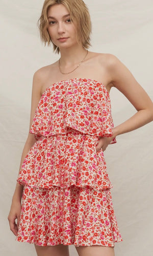 Kevlyn Floral Strapless Tired Mini Dress
