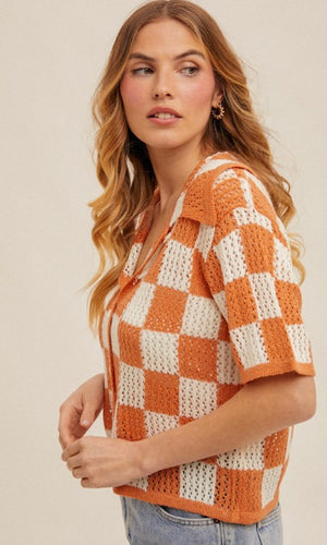 Goulp Checker Patterned Crochet Knit Button Down Top