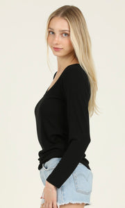 Carina Black Rib Knit Scoop Neck Rounded Hem Long Sleeve Top