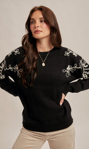 Mallory Black Embroidered Crew Neck Sweater Pullover