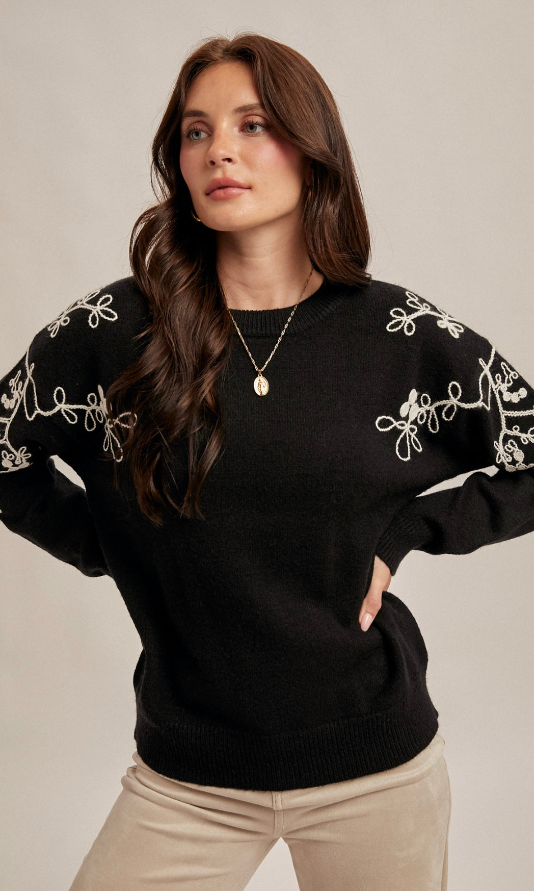 Mallory Black Embroidered Crew Neck Sweater Pullover