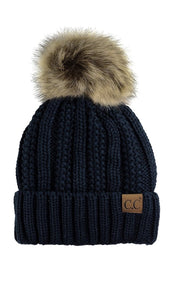 CC Beanie Thick Ribbed Knit Faux-Fur Pom Pom Lined Beanie