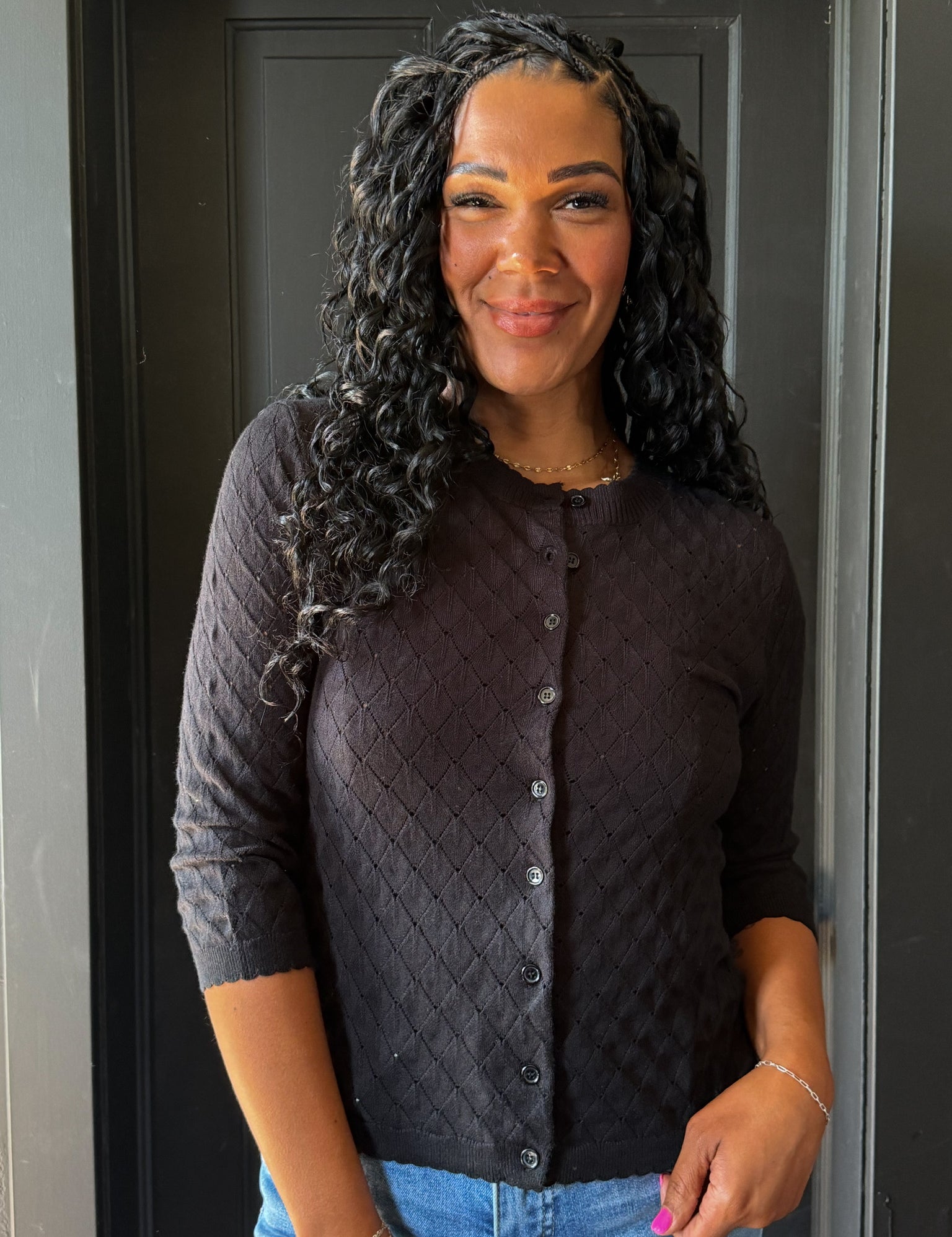 Hendrix Cielo Button Down Pointelle 3/4 Sleeve Cardigan