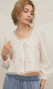 Kylie Lace Trim Long Sleeve Front Tie Top