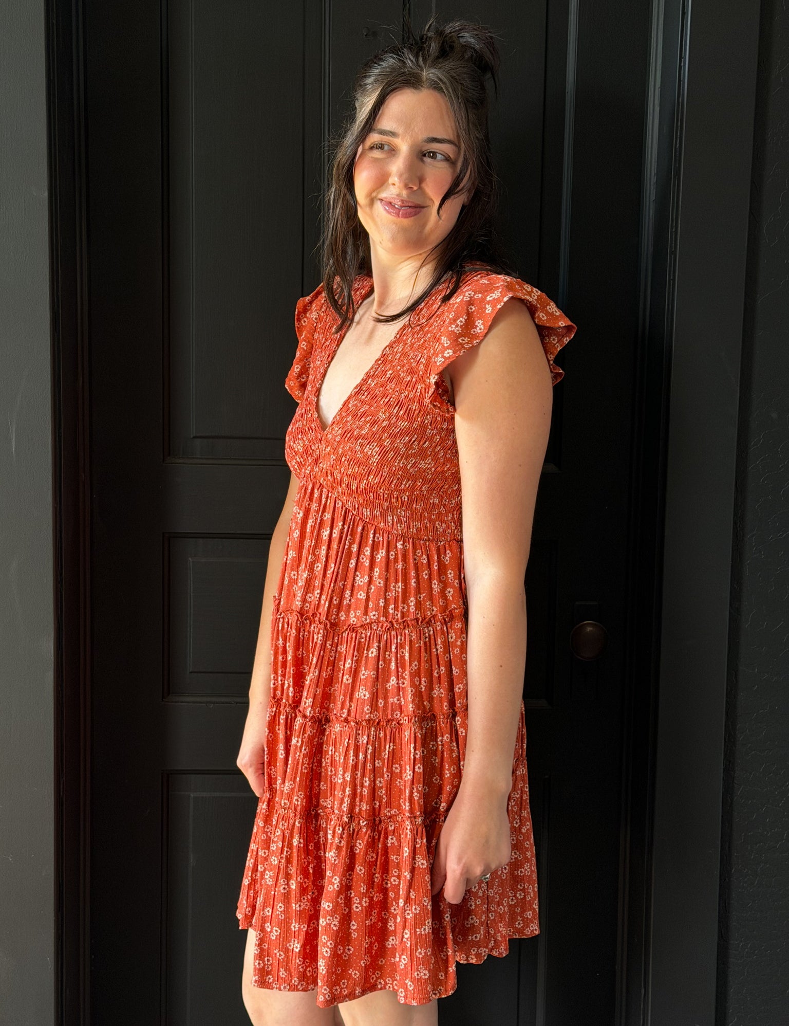 Howard V Neck Smocked Bust Flutter Sleeve Tiered Dress