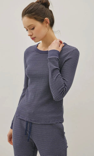 Ismael Charcoal Blue Stitched Thermal Henley Neck Top