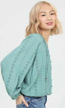 Cody Sage Eyelet Embroidered Button Front Blouse