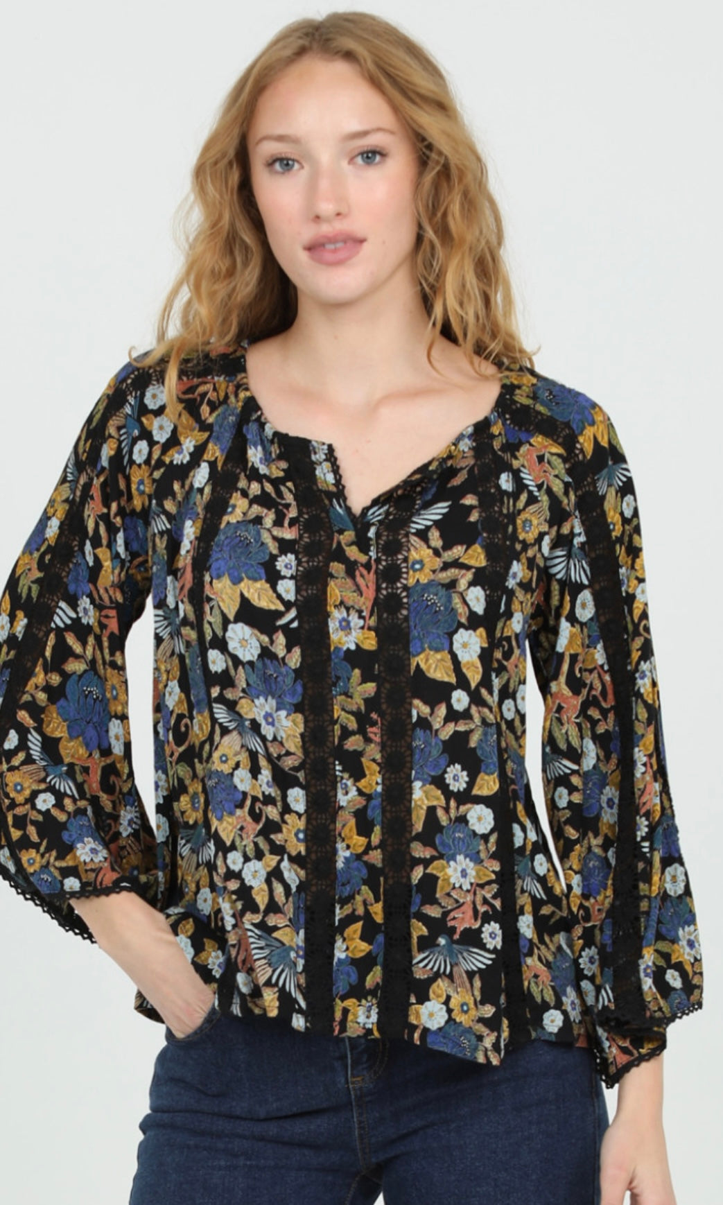 Cali Black Floral V Neck Wide Sleeve Printed Blouse