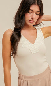 Fia Ivory Lace Trim Ribbed Knit V Neck Tank Top