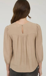 Lylah Taupe Floral Embroidered Yoke 3/4 Sleeve Blouse