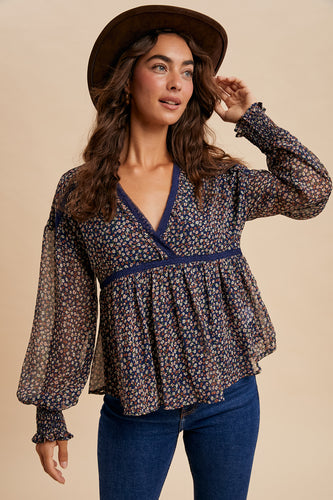 Osiris Midnight Lace Inserts Floral Chiffon V Neck Blouse