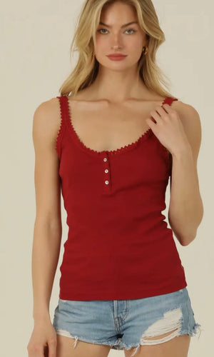 German Red Lace Trim Rib Knit Cami