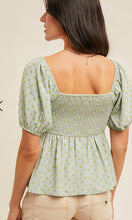 Gil Mint Smocked Bodice Polka Dot Peasant Top