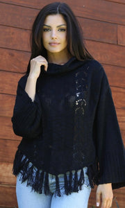 Dahlia Black Cowl Neck Fringe Hem Wide Sleeve Pullover Sweater