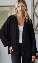 Ariba Black Solid Rib Drop Shoulder Button Balloon Sleeve Cardigan