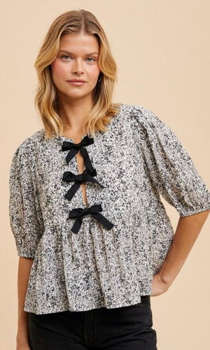 Delaney White and Black Bow Accent Floral Top With Puff Sleeves