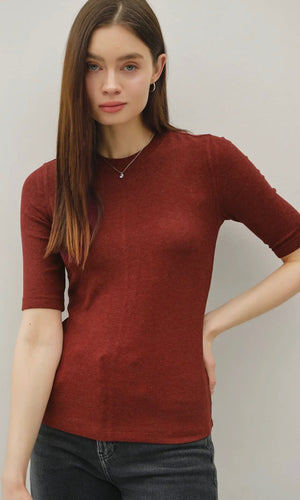 Luna Burgundy Classic Ribbed Crewneck Short Sleeve Top