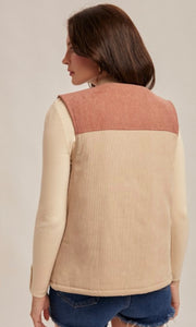 Aleena Taupe Corduroy Mixed Print Vest