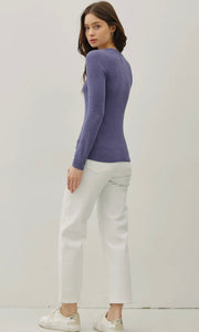 Isaac Skipper Blue Modal Classic Ribbed U Neck Long Sleeve Basic Top